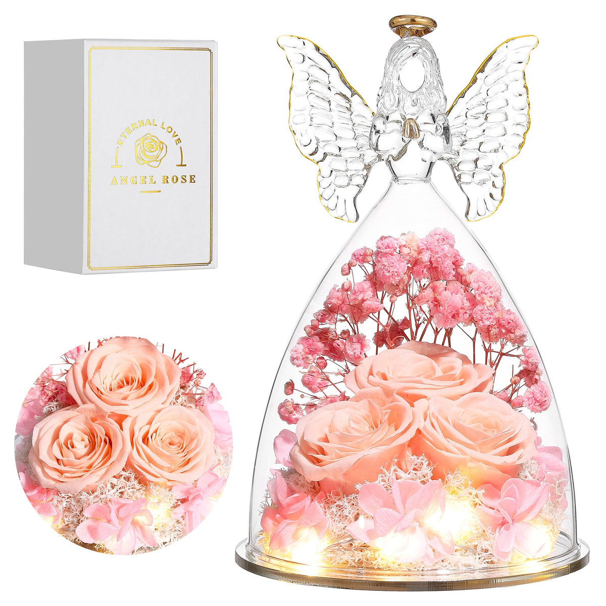 Tiaronics Mothers Day Rose Angel Figurine inside a glass keepsake for timeless gifting.