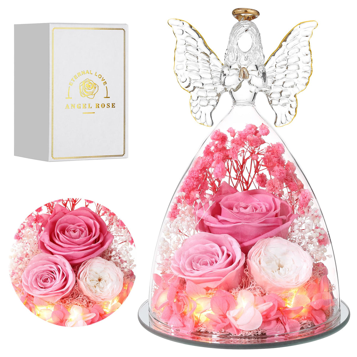 Tiaronics Mothers Day rose angel gift inside bouquet showcases preserved blooms