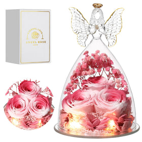 Tiaronics glass angel figurine with pink preserved roses, ideal for gifting.