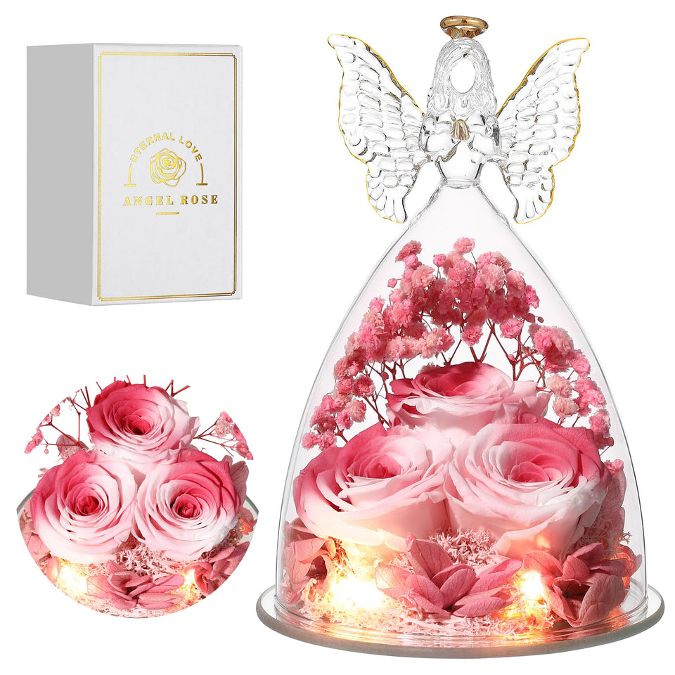 Tiaronics glass angel figurine with pink preserved roses, ideal for gifting.