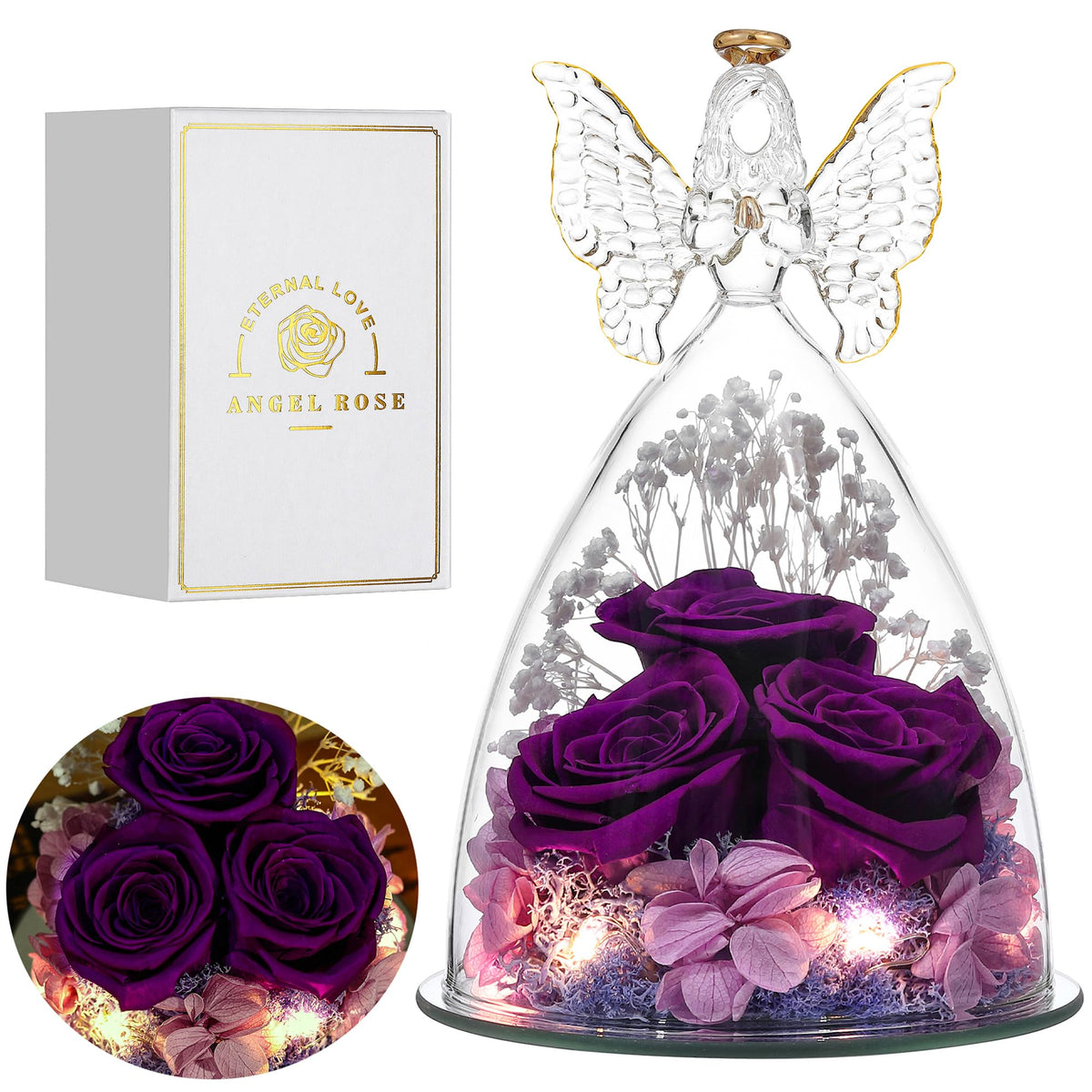 Tiaronics Mothers Day preserved roses in glass angel figurine, a lasting keepsake for cherished moments.