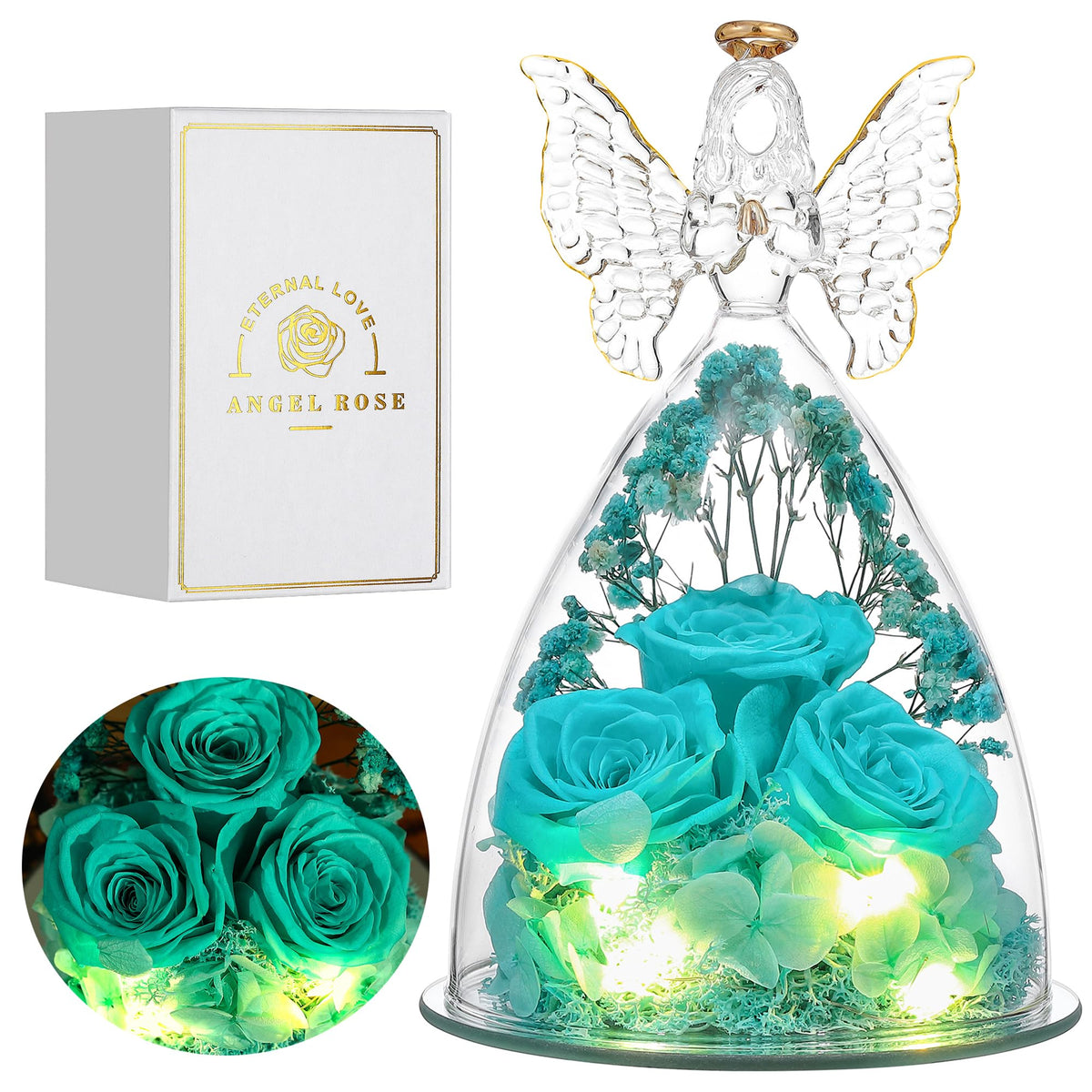 Tiaronics Mothers Day rose gift presented in a glass angel figurine, a memorable keepsake.