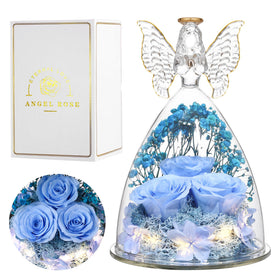Tiaronics Mothers Day rose gift: glass angel with three preserved roses for lasting memories.