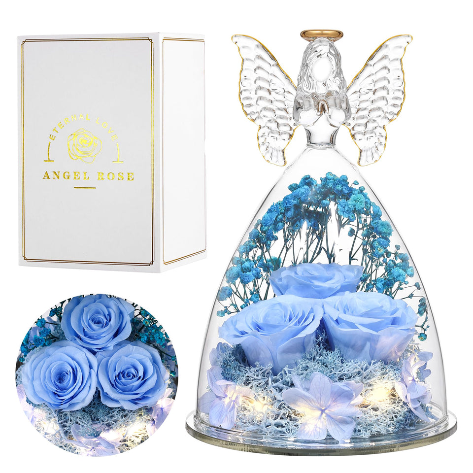 Tiaronics Mothers Day rose gift: glass angel with three preserved roses for lasting memories.