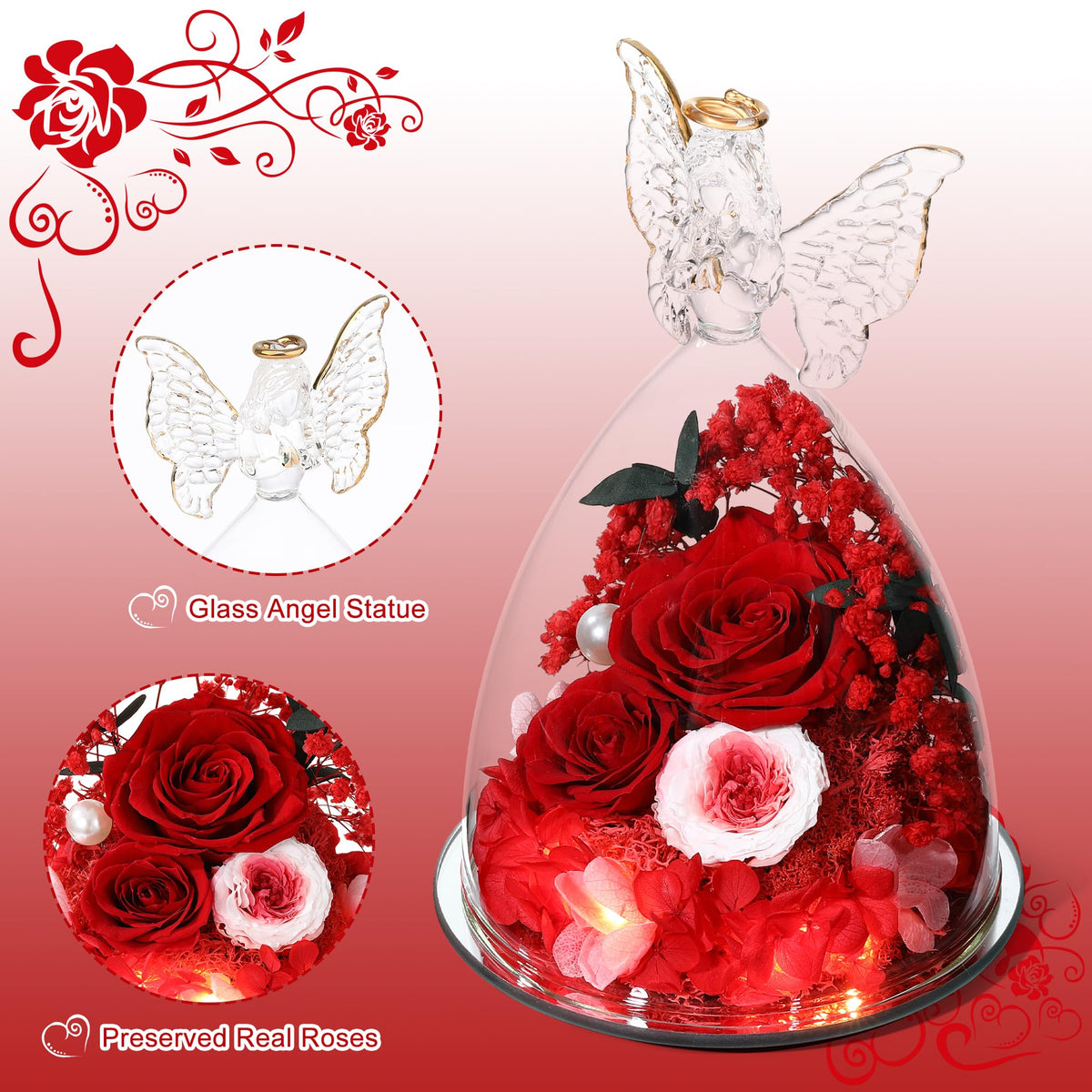 Tiaronics Mothers Day rose gift in a glass angel for heartfelt family celebrations.