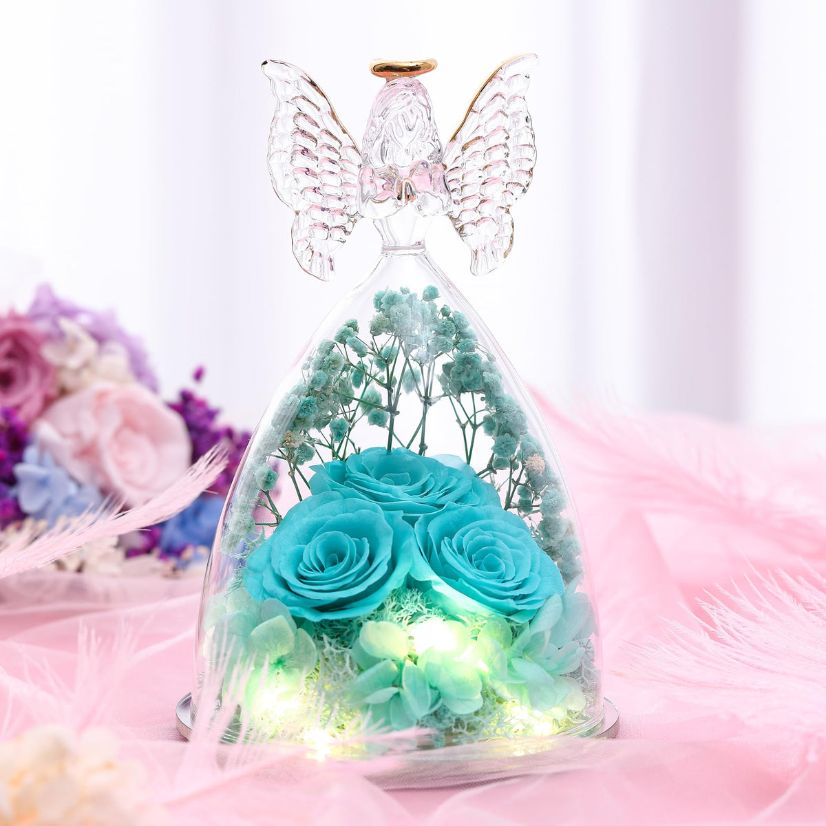 Tiaronics preserved roses in glass, no withering and easy maintenance over years.