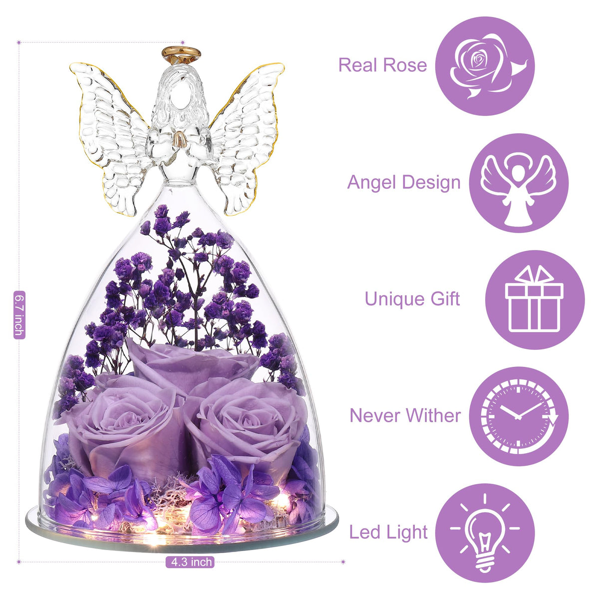 Tiaronics patented angel-rose design blends grace with preserved blooms.