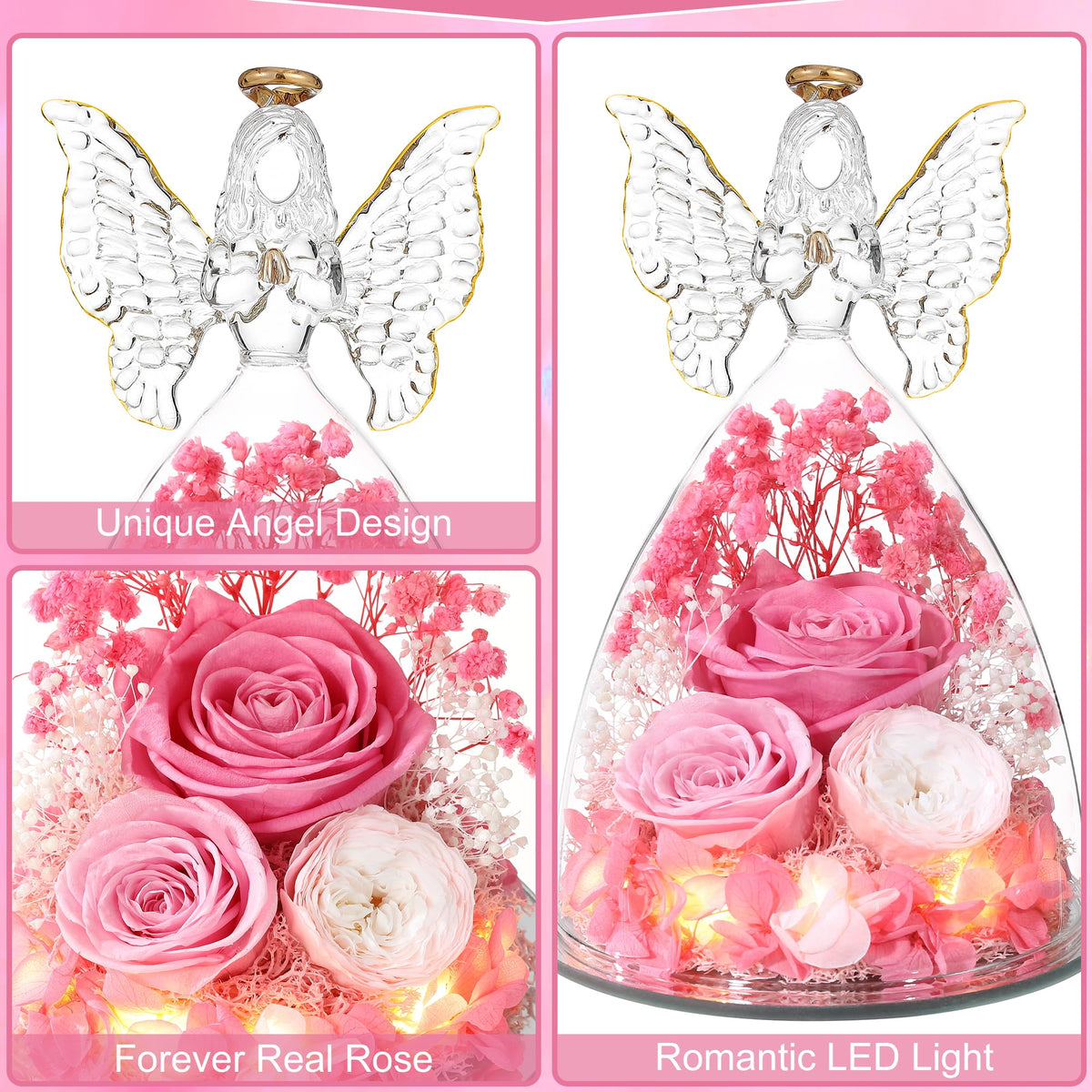 Tiaronics pink Austin roses in an angel figurine, a romantic keepsake