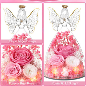 Tiaronics pink Austin roses in an angel figurine, a romantic keepsake