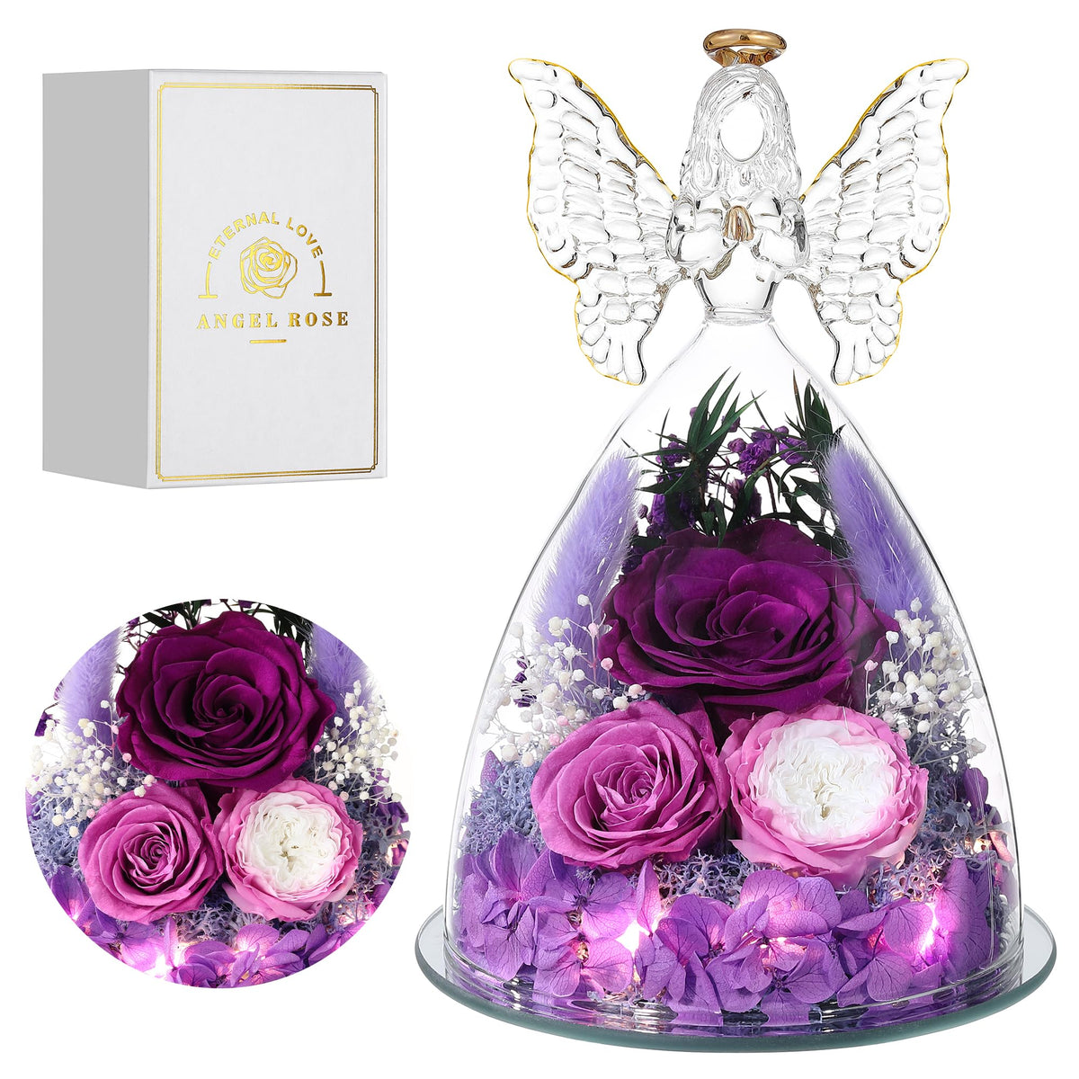 Tiaronics preserved rose inside a glass angel figurine for timeless display.