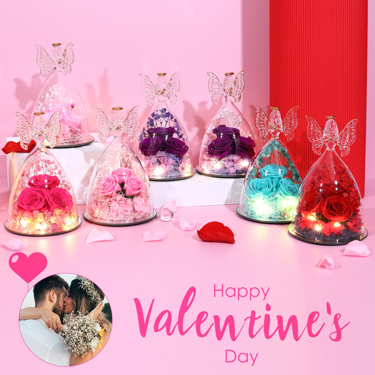 Tiaronics preserved rose bouquet inside a glass angel, a decorative accent for desks and shelves.