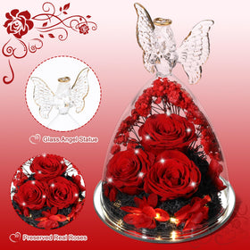 Close-up of preserved roses encased in a glass angel by Tiaronics.