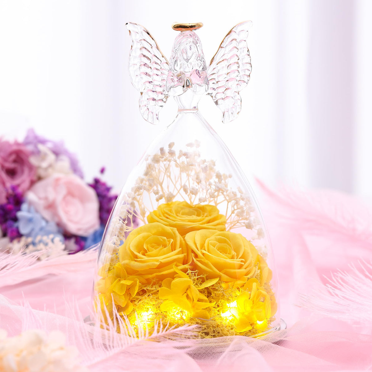 Tiaronics glass angel with three roses inside, durable gift for anniversaries and birthdays