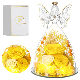 Tiaronics preserved rose inside glass angel figurine with yellow Austin roses for lasting keepsake