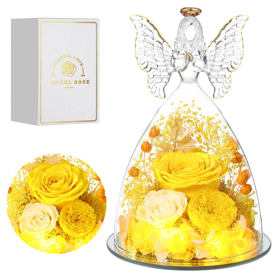 Tiaronics preserved rose inside glass angel figurine with yellow Austin roses for lasting keepsake