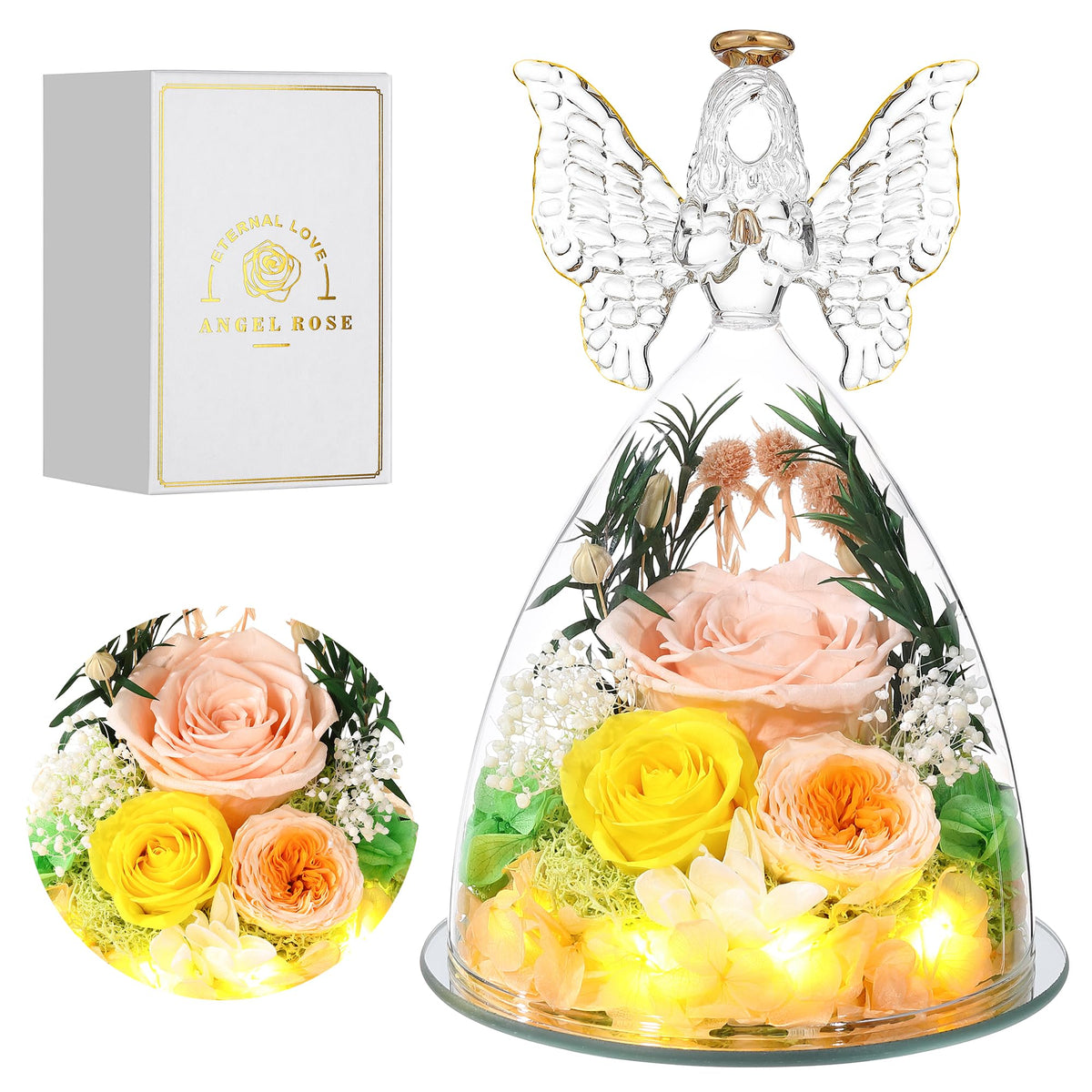 Tiaronics preserved rose in glass angel figurine with three blooms for a lasting keepsake.
