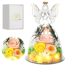 Tiaronics preserved rose in glass angel figurine with three blooms for a lasting keepsake.
