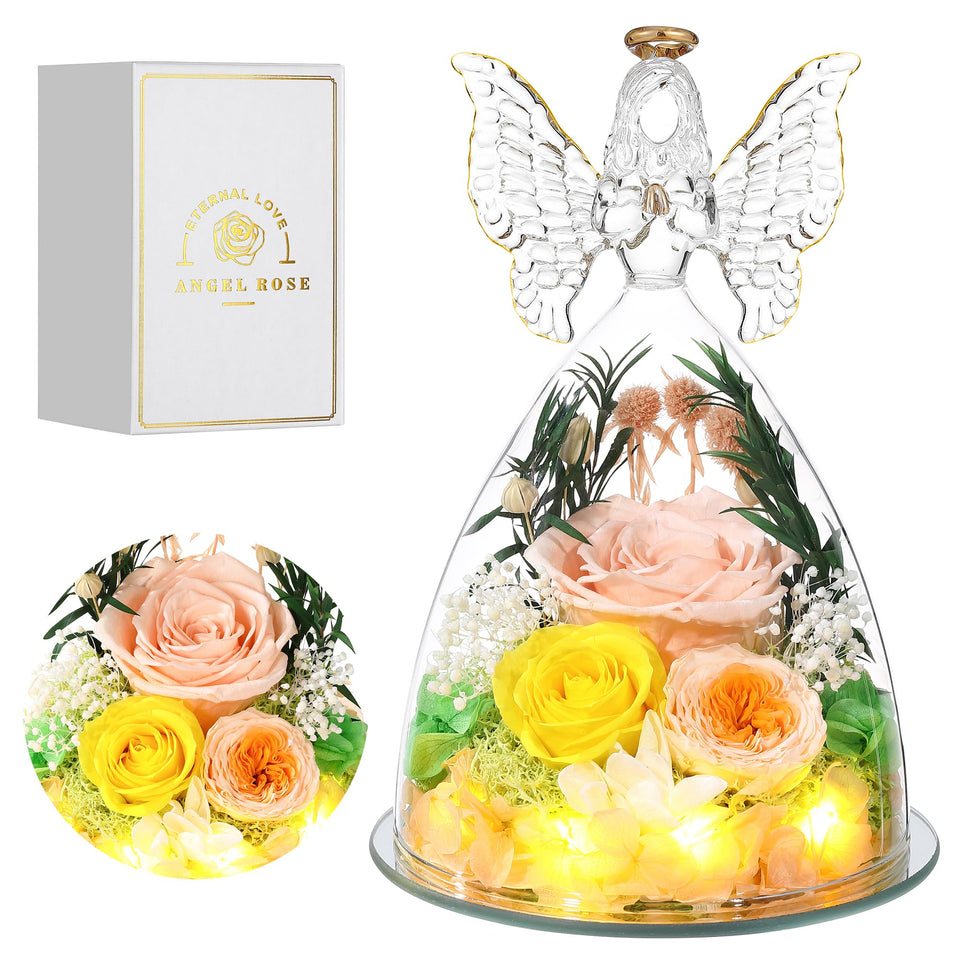 Tiaronics preserved rose in glass angel figurine with three blooms for a lasting keepsake.
