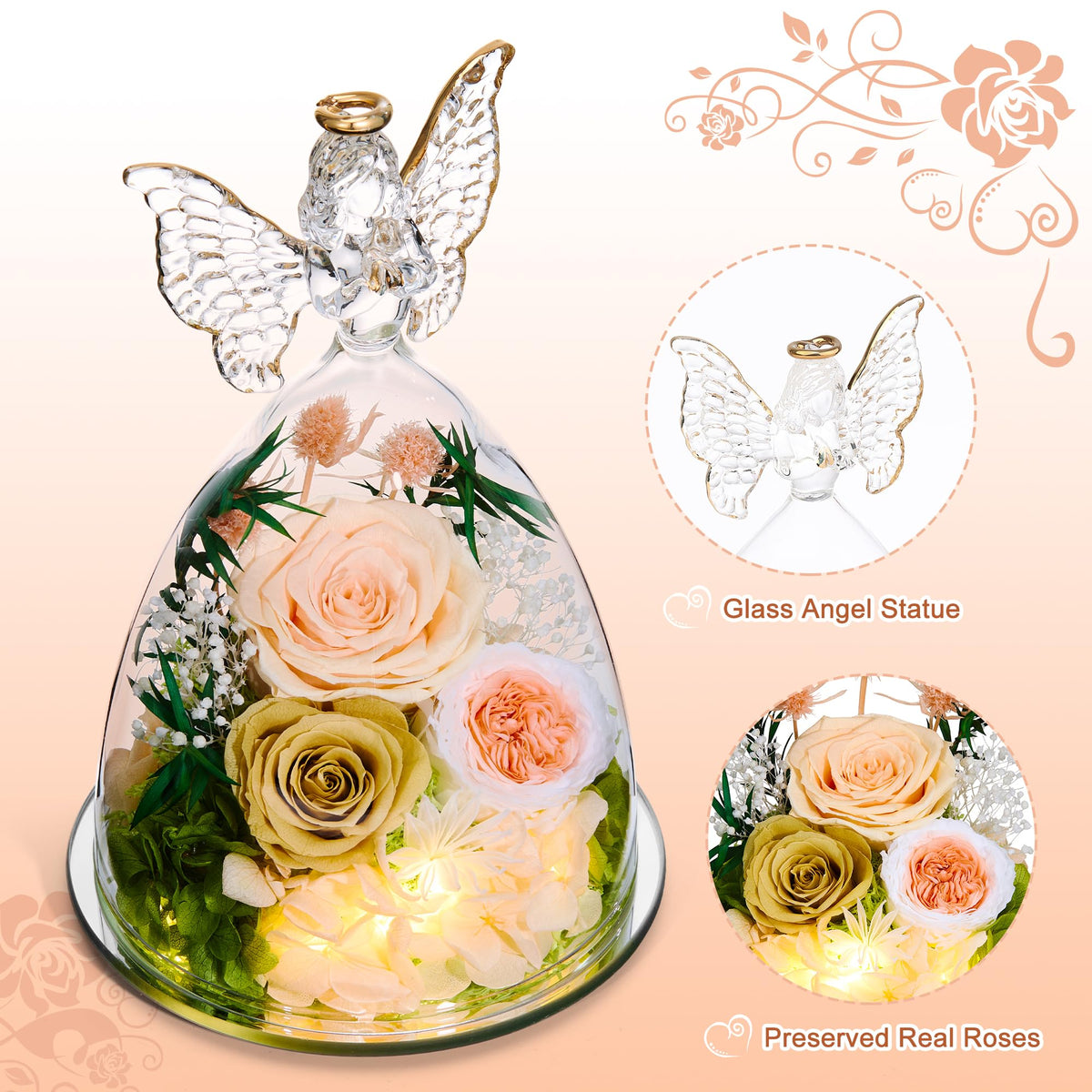 Tiaronics preserved rose inside glass angel for lasting keepsake display