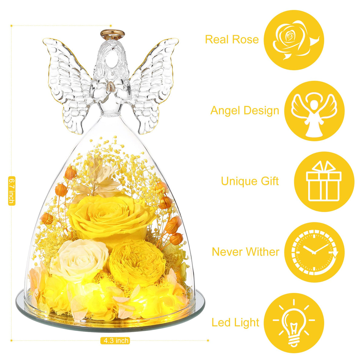 Tiaronics preserved rose display in a glass angel, long-lasting beauty