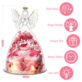 Glass angel with preserved roses inside, a lasting keepsake.