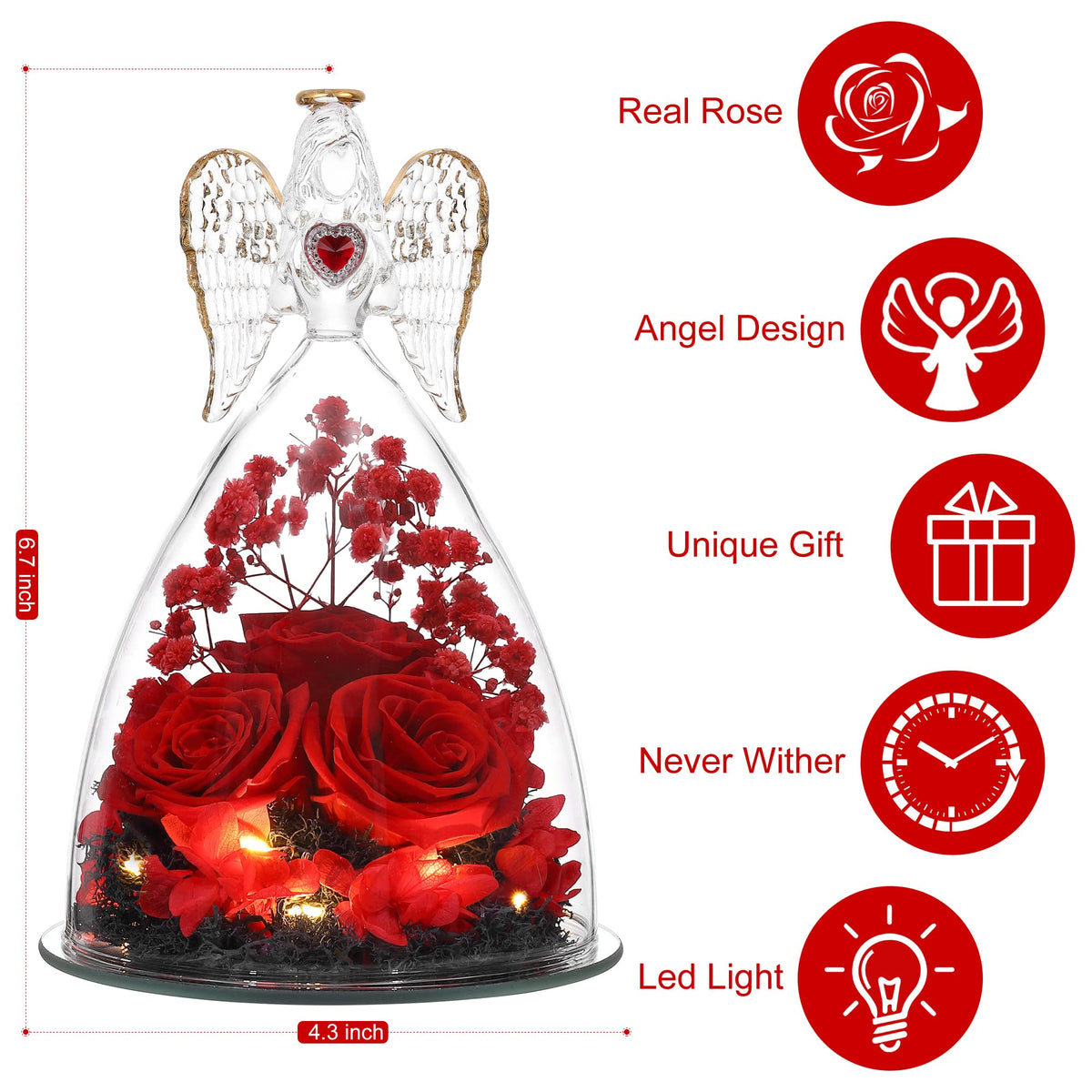 Tiaronics real rose inside angel showcases preserved bloom for enduring beauty.