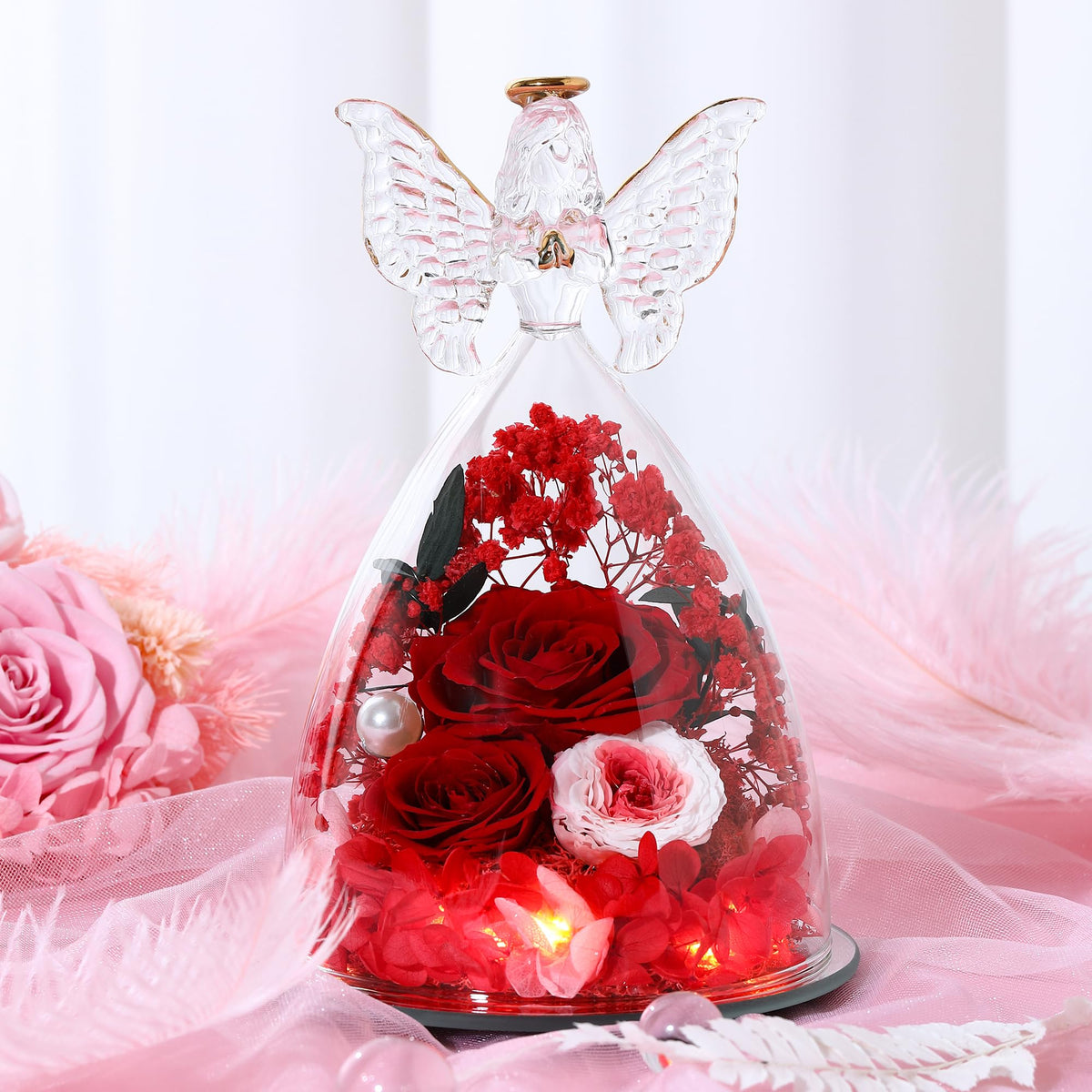 Tiaronics red pink rose angel figurine for romantic milestone gifts.