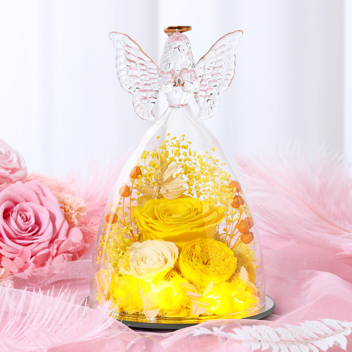 Tiaronics romantic gift idea: angel figurine with yellow Austin roses for Mother's Day