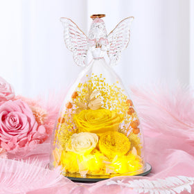 Tiaronics romantic gift idea: angel figurine with yellow Austin roses for Mother's Day