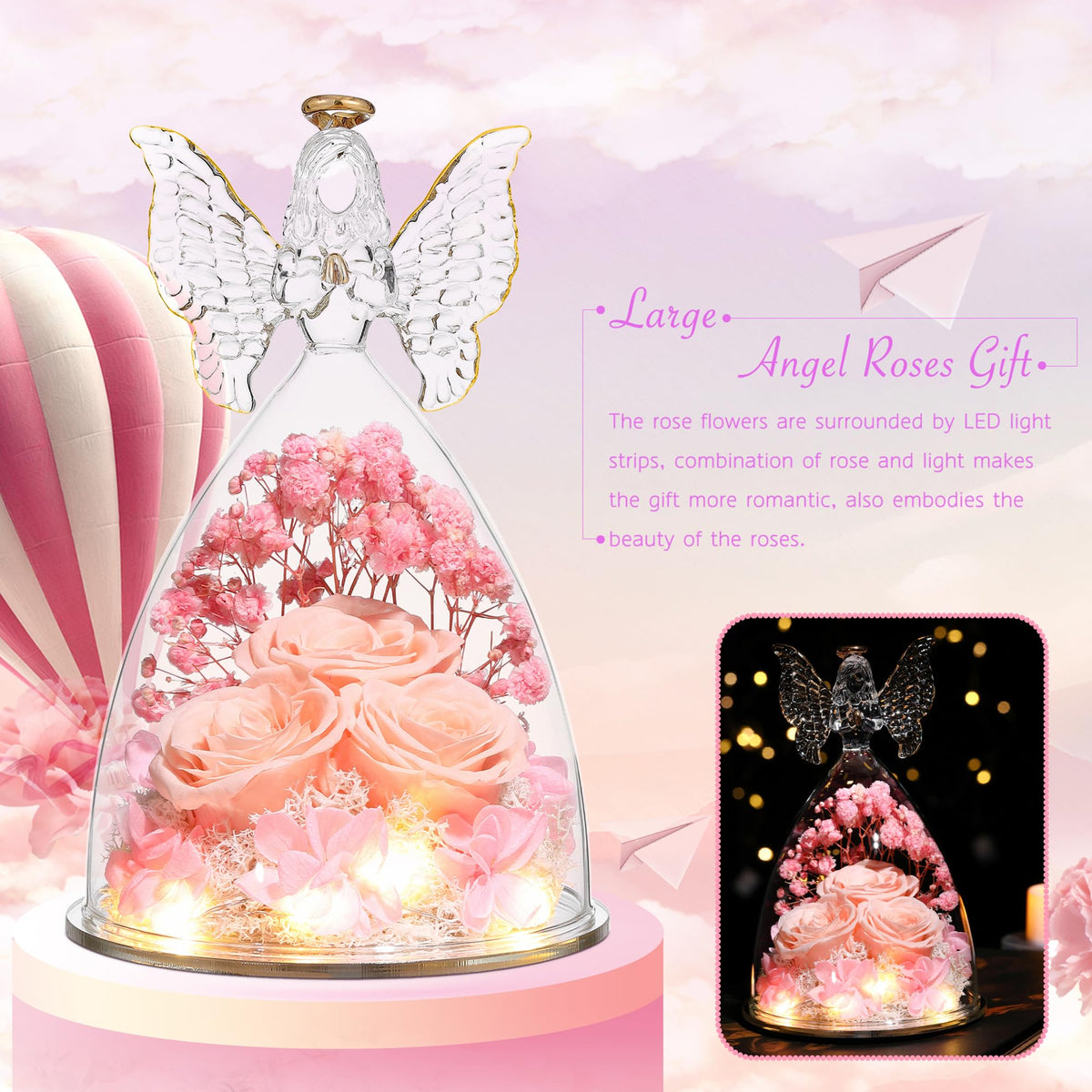 Tiaronics three-forever-rose inside angel bouquet highlights a lasting romantic gift.