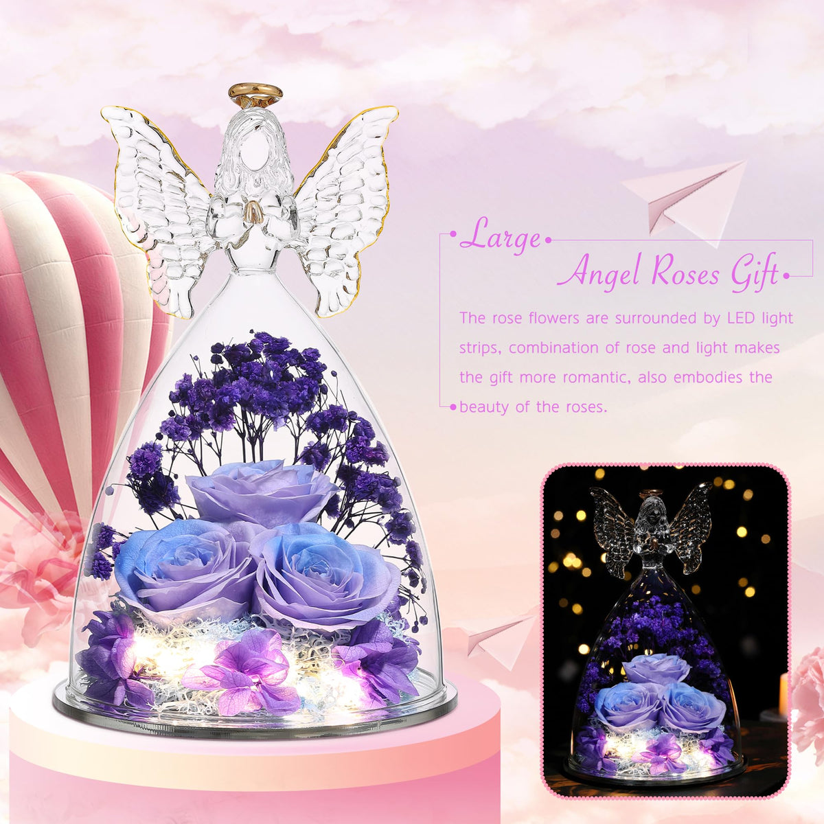 Tiaronics three forever roses inside angel gift enhances special occasions.