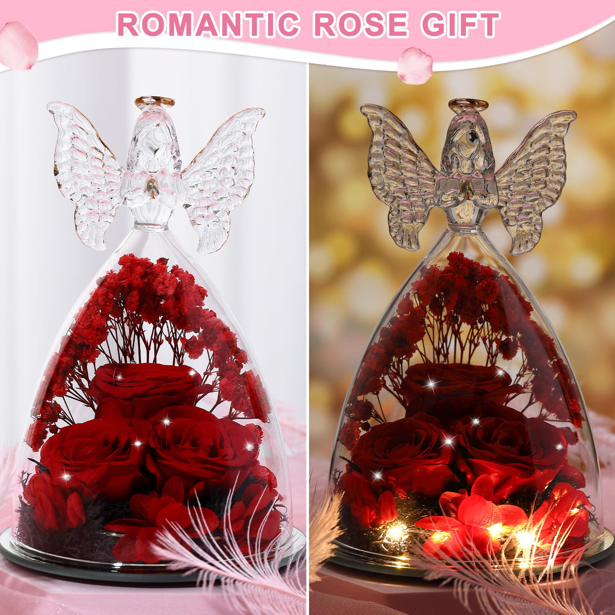 Three preserved roses inside Tiaronics angel for sentimental gifting.