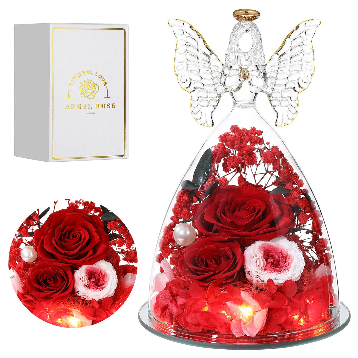 Tiaronics three forever roses inside a glass angel figurine for a lasting keepsake.