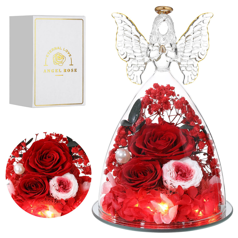 Tiaronics three forever roses inside a glass angel figurine for a lasting keepsake.