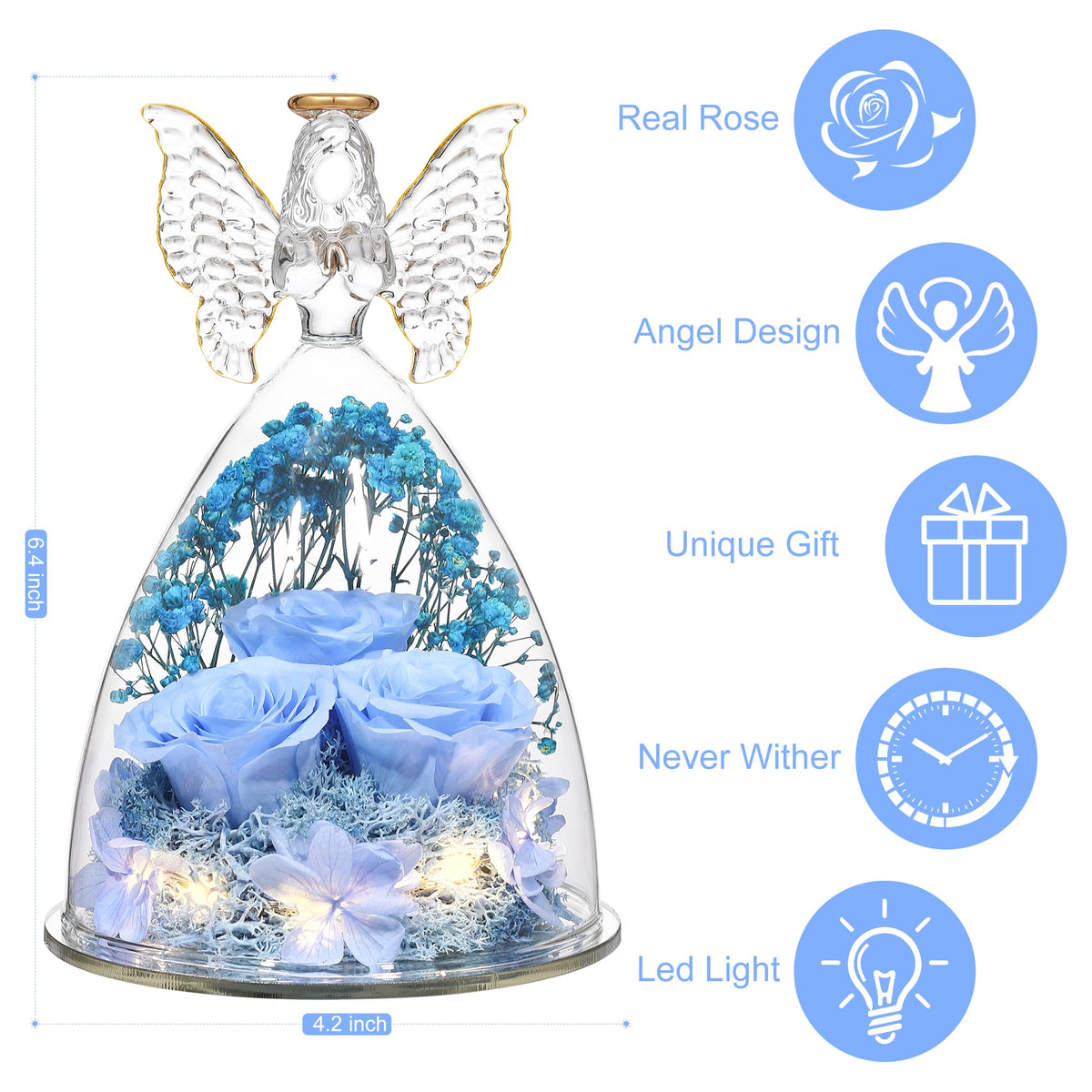 Tiaronics glass angel figurine showcases three forever roses in a durable keepsake.