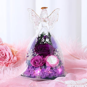 Tiaronics three-rose angel figurine showcases forever blooms inside crystal enclosure.