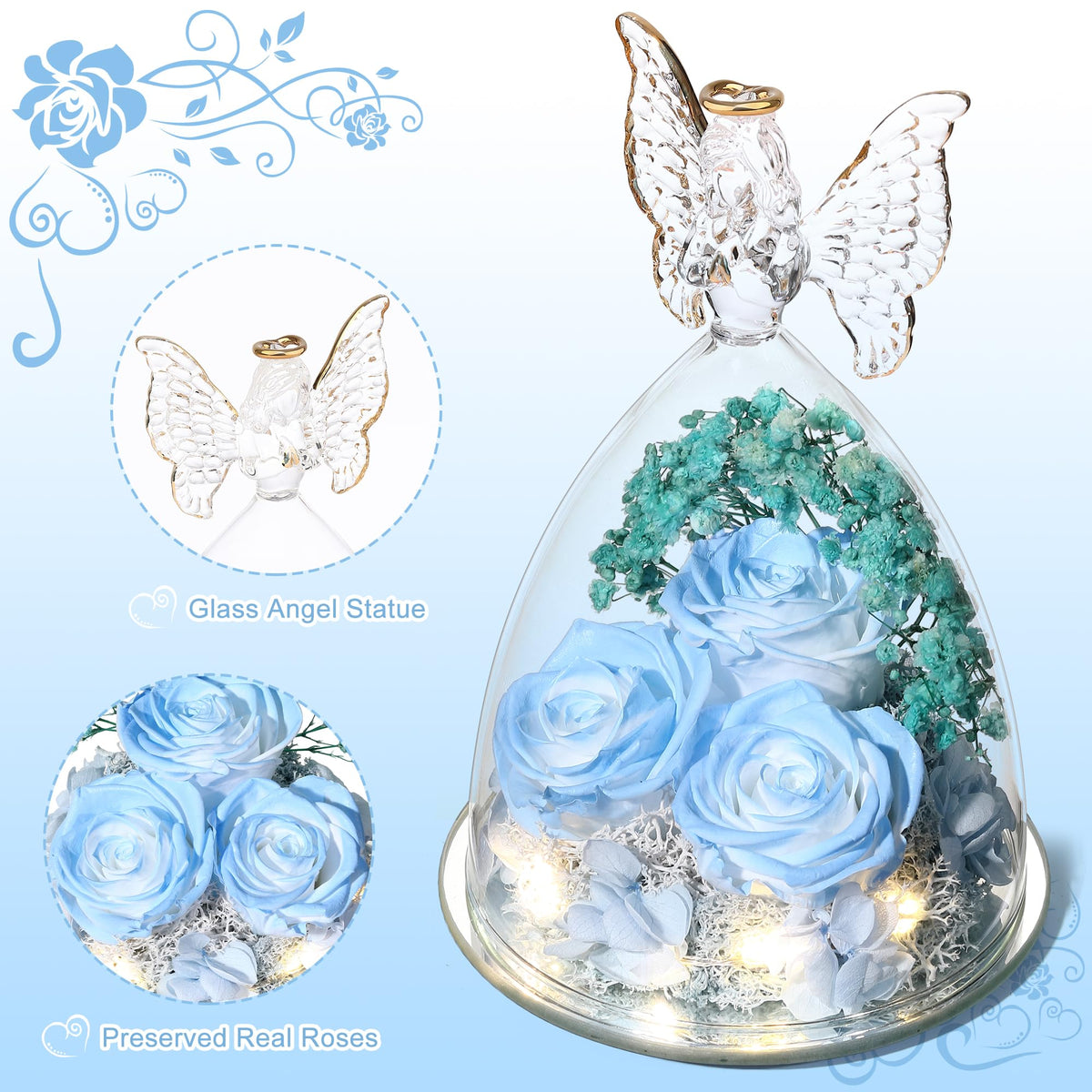 Tiaronics three roses inside angel figurine for a romantic, durable gift.
