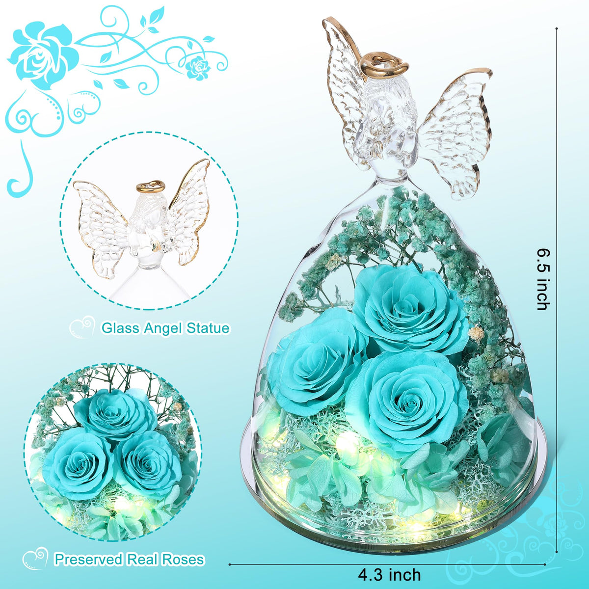 Tiaronics three real roses inside a glass angel, creating a lasting decorative centerpiece.