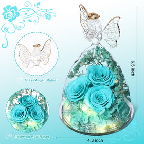 Tiaronics three real roses inside a glass angel, creating a lasting decorative centerpiece.