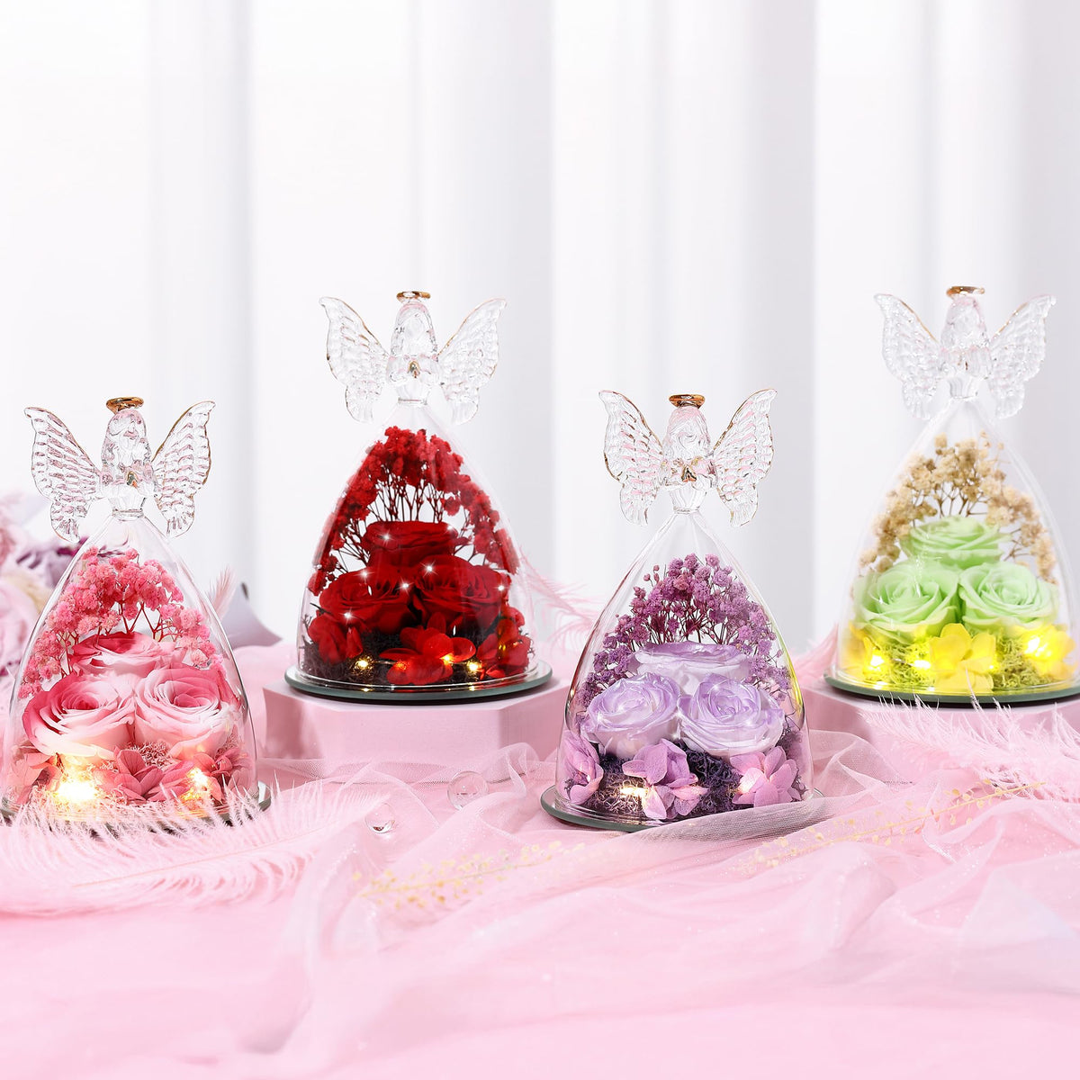 Warm-toned glass angel showcasing three forever roses for elegant home decor.