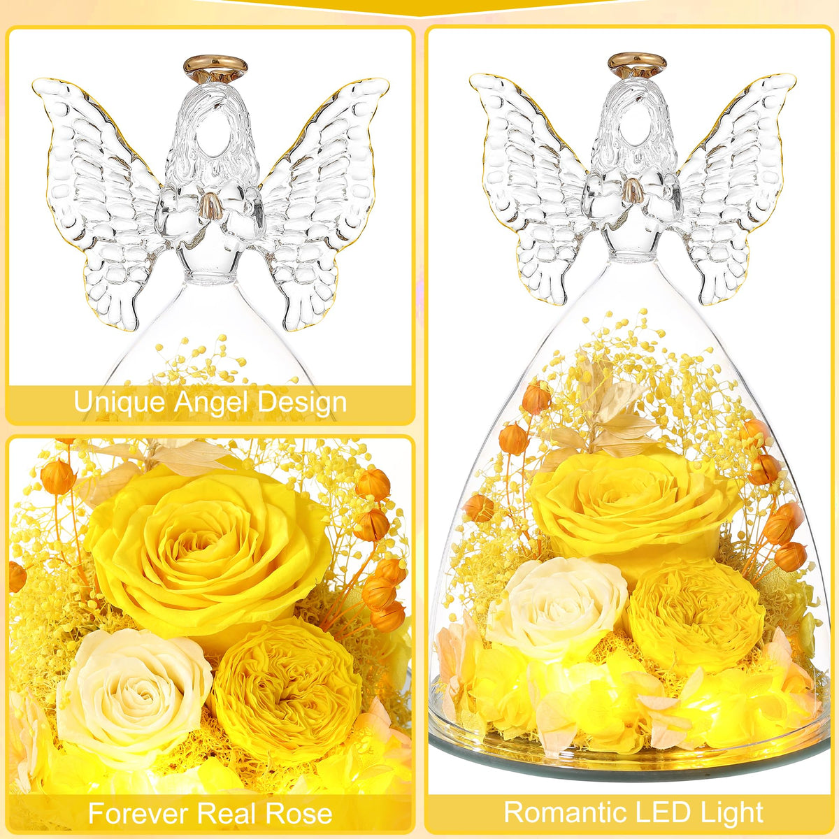 Tiaronics yellow Austin roses inside crystal angel figurine for home décor