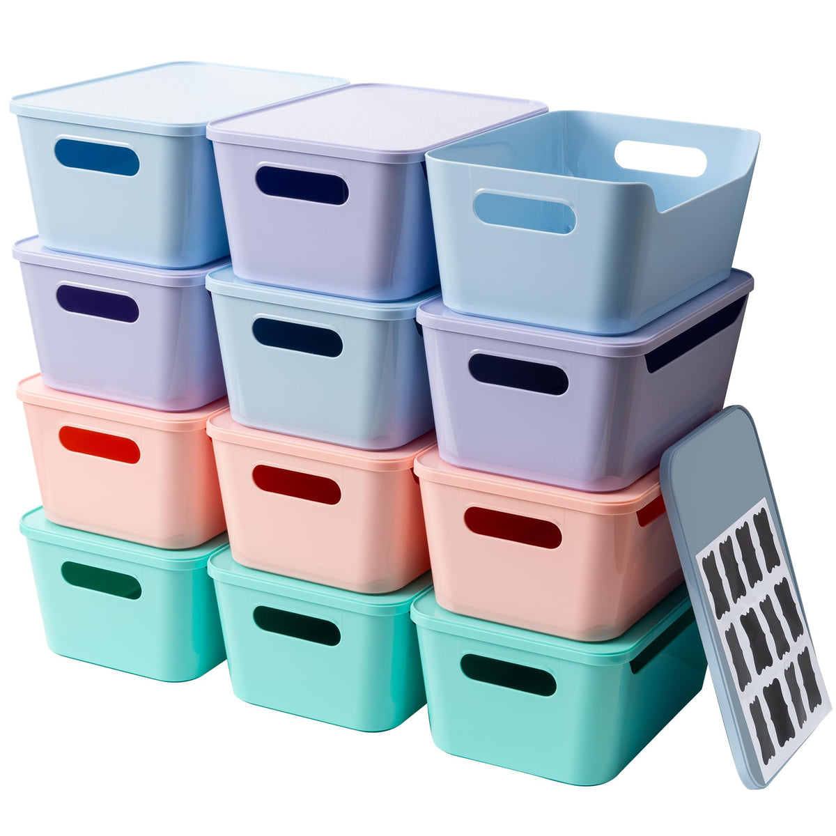 Tiawudi 12-pack 4.5L storage bins with lids neatly stacked for pantry organization.