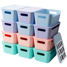 Tiawudi 12-pack 4.5L storage bins with lids neatly stacked for pantry organization.