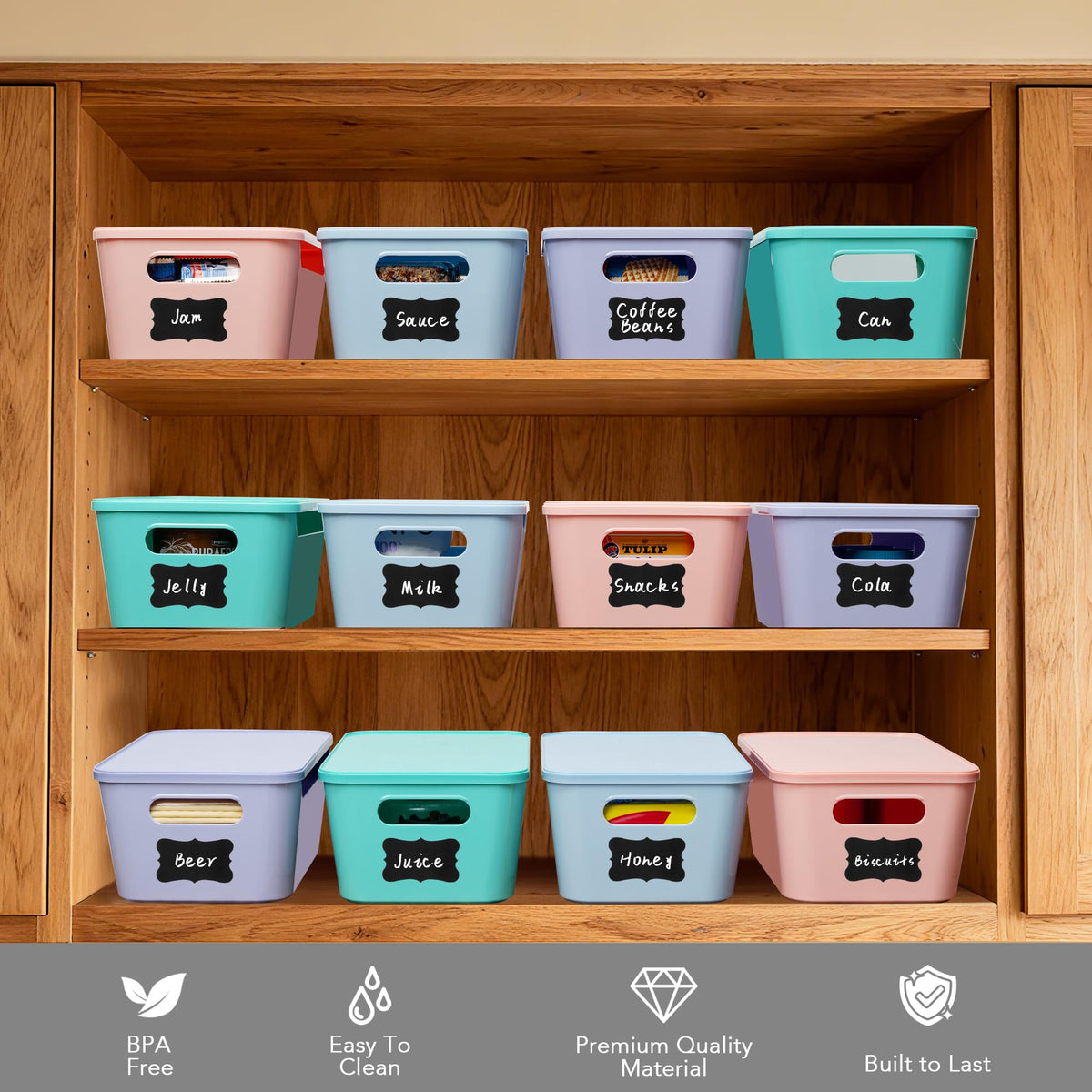 Tiawudi labeled storage bins set for easy item identification.