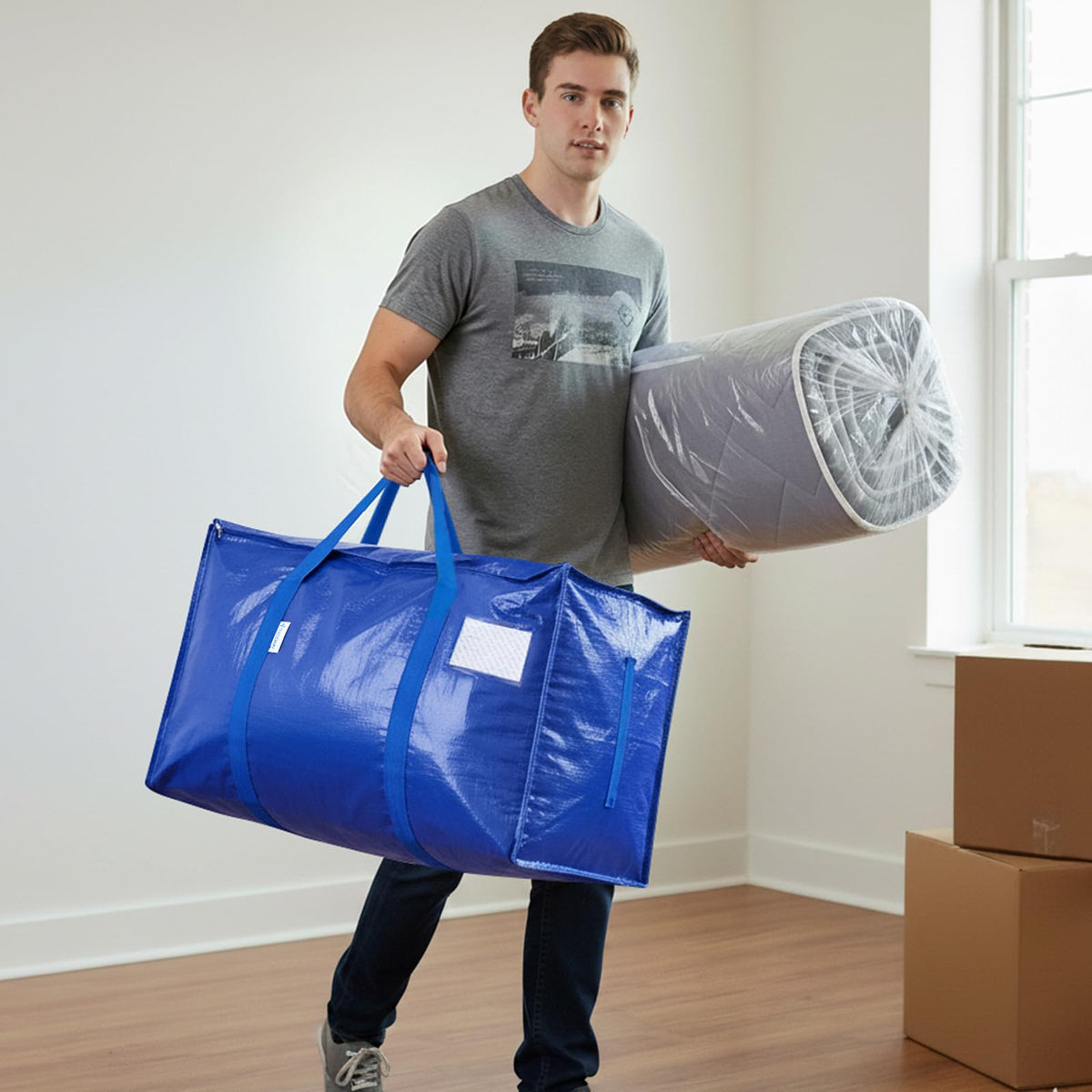 TICONN blue storage bag shown in a home closet.