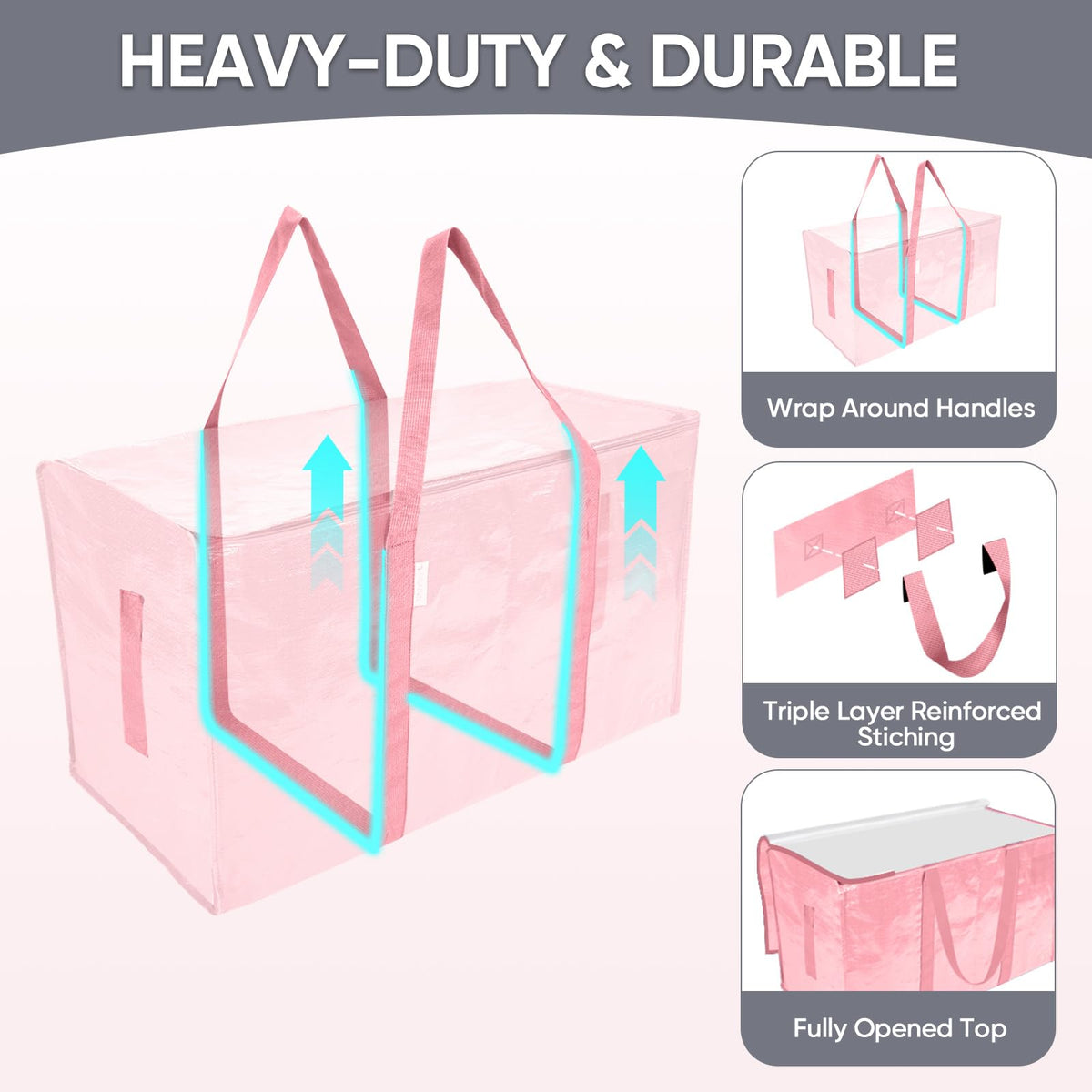 TICONN Extralarge coral bag reinforced handles for heavy lifting.