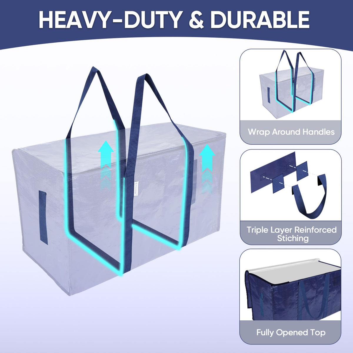 TICONN navy moving bags top-loading design for quick packing and unloading.