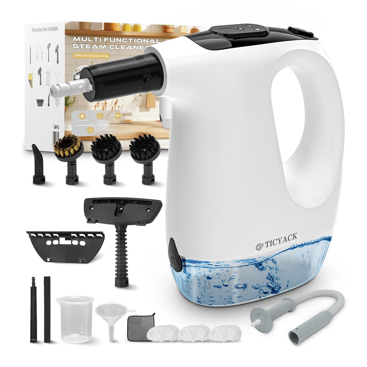 TICYACK handheld steam cleaner powering up for quick heat-up.