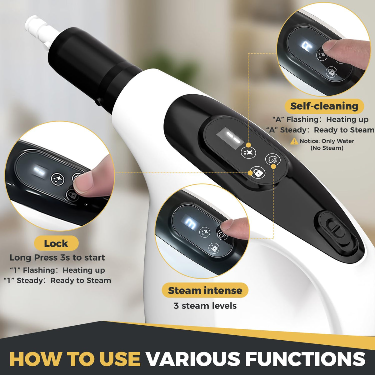 TICYACK steam cleaner with 9.8 ft cord extended behind sofa reach.