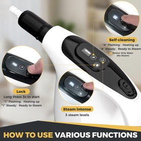 TICYACK steam cleaner with 9.8 ft cord extended behind sofa reach.